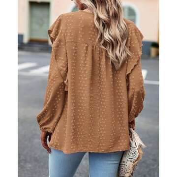 BTFBM Long Sleeve Swiss Dot Blouses for Women Dressy Casual Spring Fall Crewneck Boho Western Shirts Business Work Tops(Swiss Dot Brown, Medium)