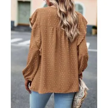 BTFBM Long Sleeve Swiss Dot Blouses for Women Dressy Casual Spring Fall Crewneck Boho Western Shirts Business Work Tops(Swiss Dot Brown, Medium)