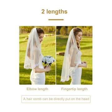 BEAUTELICATE Wedding Bridal Veil with Comb 1 Tier Lace Applique Edge Fingertip Length 36" Ivory