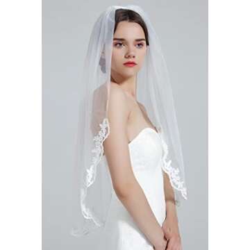 BEAUTELICATE Wedding Bridal Veil with Comb 1 Tier Lace Applique Edge Fingertip Length 36" Ivory