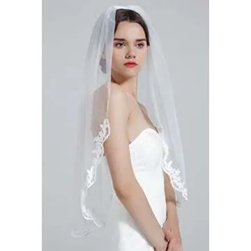Affordable BEAUTELICATE Wedding Bridal Veil with Lace Applique
