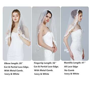 BEAUTELICATE Wedding Bridal Veil with Comb 1 Tier Lace Applique Edge Fingertip Length 36" Ivory
