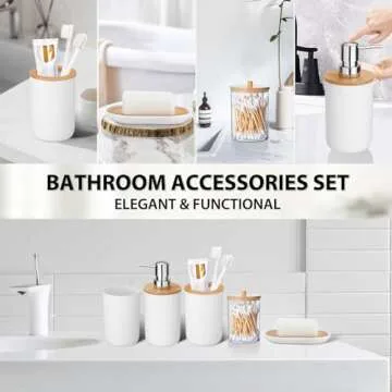iMucci Bathroom Accessories Set 5 Piece Plastic Bathroom Decor Sets Accessories, Toothbrush Holder, Toothbrush Cup, soap Dispenser, soap Dish(White Bamboo Cover)