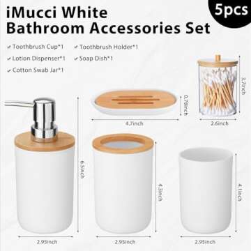 iMucci Bathroom Accessories Set 5 Piece Plastic Bathroom Decor Sets Accessories, Toothbrush Holder, Toothbrush Cup, soap Dispenser, soap Dish(White Bamboo Cover)