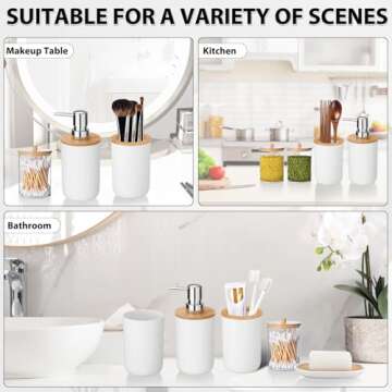 iMucci Bathroom Accessories Set 5 Piece Plastic Bathroom Decor Sets Accessories, Toothbrush Holder, Toothbrush Cup, soap Dispenser, soap Dish(White Bamboo Cover)