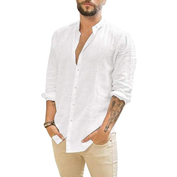 JEKAOYI Mens Casual Long Sleeve Cotton Linen Shirts Buttons Down Solid Plain Roll-Up Sleeve Summer B...
