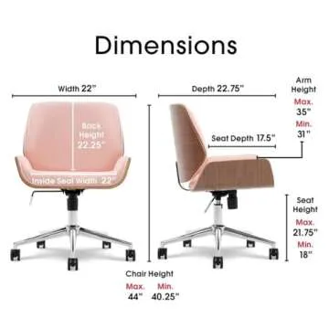Elle Decor Ophelia Home Office Desk Chair, Mid Century Modern Bentwood Style, Ergonomic Curved Low-Back and Seat, Armless Design, Chrome Swivel Base, Upholstered in Woven Fabric, Blush Pink