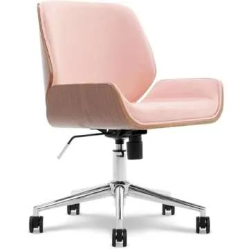 Elle Decor Ophelia Home Office Desk Chair, Mid Century Modern Bentwood Style, Ergonomic Curved Low-Back and Seat, Armless Design, Chrome Swivel Base, Upholstered in Woven Fabric, Blush Pink