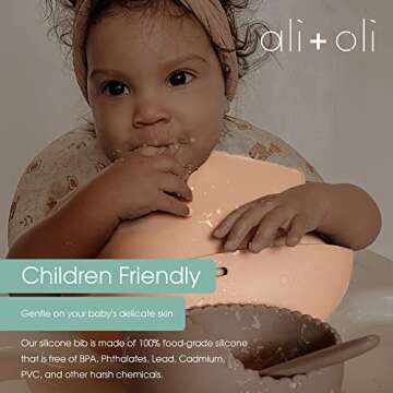Ali+Oli Silicone Bib (Wavy, Blush) Waterproof Silicone Bibs for Babies & Toddlers, Adjustable Baby Feeding Bib, Food-Grade Silicone Bibs with Food Catcher, Silicone Baby Feeding Bucket Bib