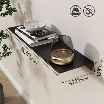 Danpoo Metal Wall Shelf, Black Floating Shelf, Small Bathroom Shelf, 16" Display Shelves for Wall Storage