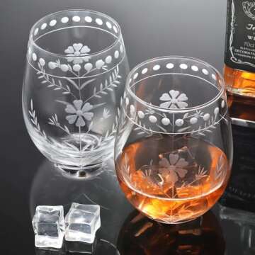 Joeyan Hand Blown Etched Stemless Wine Glasses – Set of 4, 19 oz, Dishwasher Safe