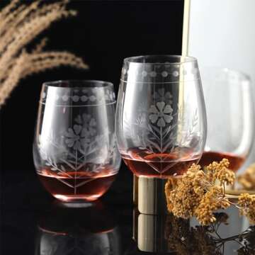 Joeyan Hand Blown Etched Wine Glasses Set of 4