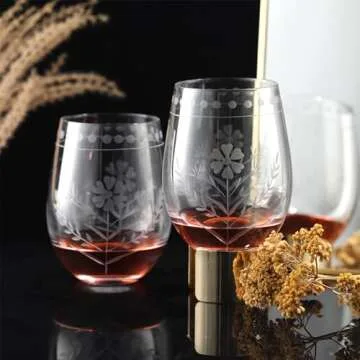 Joeyan Hand Blown Etched Wine Glasses Set of 4