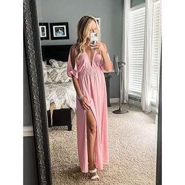 DEEP SELF Cold Shoulder Long Wedding Guest Dress for Women Summer Deep V Neck Backless High Waist Slit Maxi Dress Pink