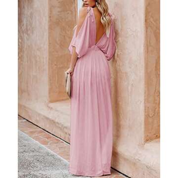 DEEP SELF Cold Shoulder Long Wedding Guest Dress for Women Summer Deep V Neck Backless High Waist Slit Maxi Dress Pink