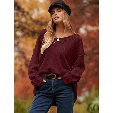 ANRABESS Women's Oversized Casual Loose Slouchy Scoop V Neck Batwing Long Sleeve Knit 2025 Fall Pullover Sweaters Wine Red Small