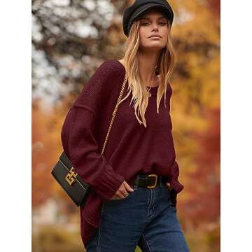 ANRABESS Women's Oversized Casual Loose Slouchy Scoop V Neck Batwing Long Sleeve Knit 2025 Fall Pullover Sweaters Wine Red Small