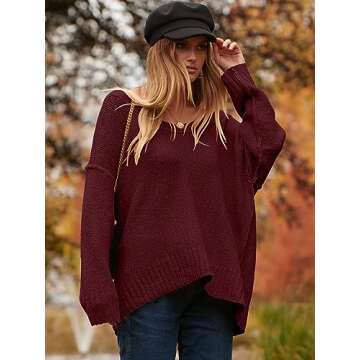 ANRABESS Women's Oversized Casual Loose Slouchy Scoop V Neck Batwing Long Sleeve Knit 2025 Fall Pullover Sweaters Wine Red Small