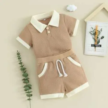 Kuriozud Toddler Boy Summer Clothes Baby Solid Button Short Sleeve T Shirt Top Pockets Shorts Set Soft Waffle 2 Piece Outfit Lapel shirt khaki, 2-3T
