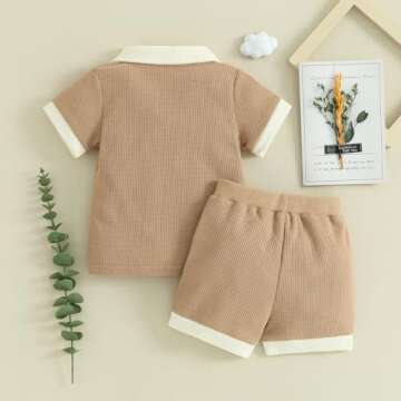 Kuriozud Toddler Boy Summer Clothes Baby Solid Button Short Sleeve T Shirt Top Pockets Shorts Set Soft Waffle 2 Piece Outfit Lapel shirt khaki, 2-3T