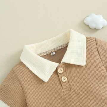 Kuriozud Toddler Boy Summer Clothes Baby Solid Button Short Sleeve T Shirt Top Pockets Shorts Set Soft Waffle 2 Piece Outfit Lapel shirt khaki, 2-3T