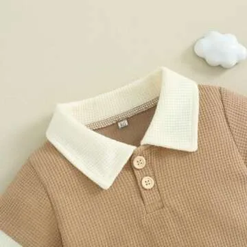 Kuriozud Toddler Boy Summer Clothes Baby Solid Button Short Sleeve T Shirt Top Pockets Shorts Set Soft Waffle 2 Piece Outfit Lapel shirt khaki, 2-3T