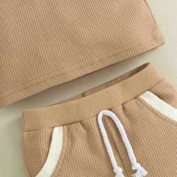 Kuriozud Toddler Boy Summer Clothes Baby Solid Button Short Sleeve T Shirt Top Pockets Shorts Set Soft Waffle 2 Piece Outfit Lapel shirt khaki, 2-3T
