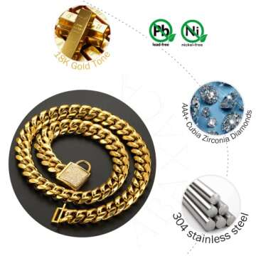 Designer Dog Collar Gold Metal Stainless Steel with Zirconia Lock 14mm 18K Gold Big Dog Luxury Training Collar Cuban Lock Link Necklace Chain(18 inch)