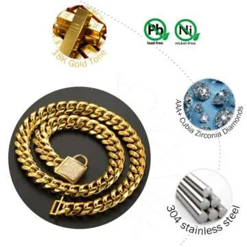 Designer Dog Collar Gold Metal Stainless Steel with Zirconia Lock 14mm 18K Gold Big Dog Luxury Training Collar Cuban Lock Link Necklace Chain(18 inch)