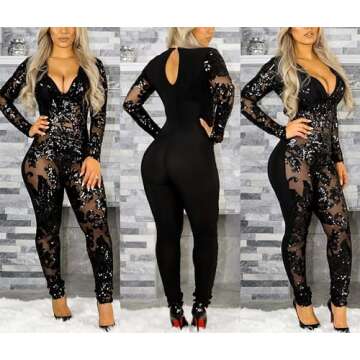 YOOTIKO Women Sexy Sequin Jumpsuit Lace Bodycon Deep V Neck Date Night Club Outfits One Piece Romper