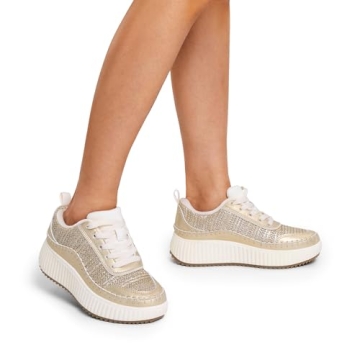 DREAM PAIRS Women Chunky City Tweed Comfortable Casual Platform Fashion Sneaker,Size 6,Gold,SDFN2379W