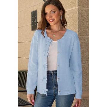 kipfall Women's Cardigan Sweaters Bow Button Down Cardigans Fall Fashion Clothes Knit Tie Open Front Coats SkyBlue