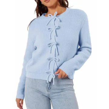 kipfall Women's Cardigan Sweaters Bow Button Down Cardigans Fall Fashion Clothes Knit Tie Open Front Coats SkyBlue