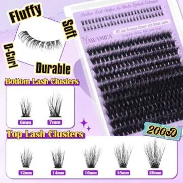 Yawmaica Lash Clusters Kit with Bottom Lashes Wispy Eyelash Extension Kit 200D Fluffy Eyelash Clusters 12-20mm D Curl Individual Lashes DIY Lash Extension Kit with Lash Bond and Seal and Lash Tweezers