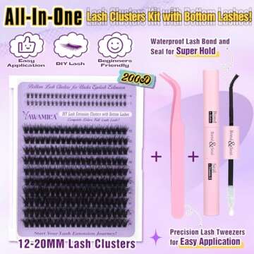 Yawmaica Lash Clusters Kit with Bottom Lashes Wispy Eyelash Extension Kit 200D Fluffy Eyelash Clusters 12-20mm D Curl Individual Lashes DIY Lash Extension Kit with Lash Bond and Seal and Lash Tweezers