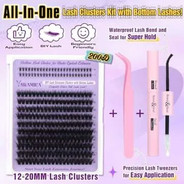 Yawmaica Lash Clusters Kit with Bottom Lashes Wispy Eyelash Extension Kit 200D Fluffy Eyelash Clusters 12-20mm D Curl Individual Lashes DIY Lash Extension Kit with Lash Bond and Seal and Lash Tweezers