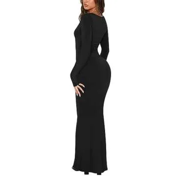 REORIA Women's Chic V Neck Long Sleeve Maxi Dress