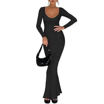 REORIA Women's Chic V Neck Long Sleeve Maxi Dress