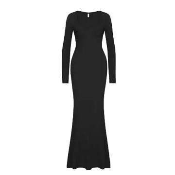REORIA Women's Chic V Neck Long Sleeve Maxi Dress