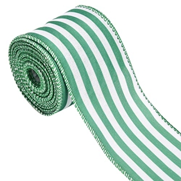 Christmas Ribbon for Tree, Green and White Striped Ribbon Wired Vertical Strip Fabric Ribbon Gift Wr...