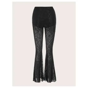 Milumia Women Lace Flared Leg Long Pants - High Waist Floral Party Trousers