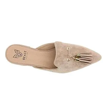 Beast Fashion Mules Women Shoes | Women's Pointed Toe Flat Slip On Tassels Flat Loafer Mules | Flat Pointed Toe Shoes for Women | Stylish Design Slides for Women | Flats Shoes Women | Taupe 8.5
