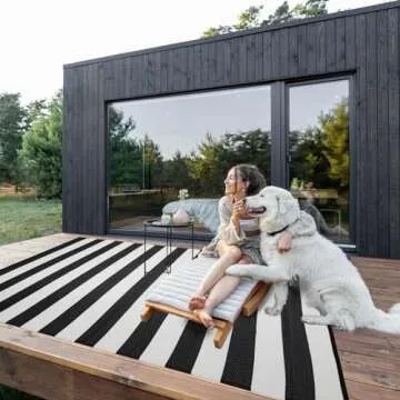 STRICKLANDHOME Outdoor Rug 8 x 10 ft, Reversible Plastic Straw Rug for Patio, Waterproof Large Outdoor Carpet for RV, Patio, Camping, Backyard, Deck, Picnic, Beach, Black & White