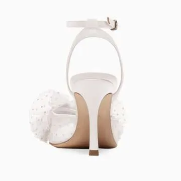 Coutgo Womens Bow Tie Heels Sandals Slingback Peep Toe Wedding Heels Mesh High Stiletto Heel Summer Cute Wedding Bridal Shoes White