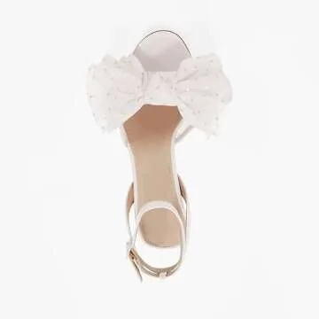 Coutgo Womens Bow Tie Heels Sandals Slingback Peep Toe Wedding Heels Mesh High Stiletto Heel Summer Cute Wedding Bridal Shoes White
