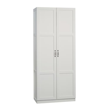 Sauder White Storage Cabinet Adjustable Shelves Pantry Organizer