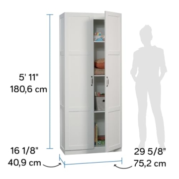 Sauder White Storage Cabinet Adjustable Shelves Pantry Organizer