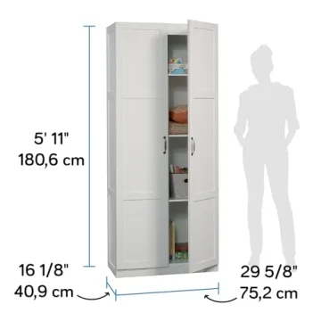 Sauder White Storage Cabinet Adjustable Shelves Pantry Organizer