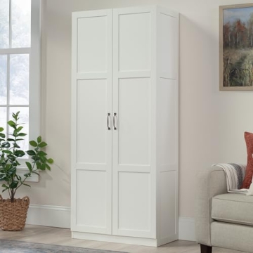 Sauder White Storage Cabinet Adjustable Shelves Pantry Organizer