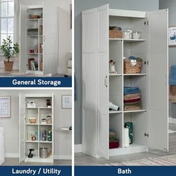 Sauder White Storage Cabinet Adjustable Shelves Pantry Organizer